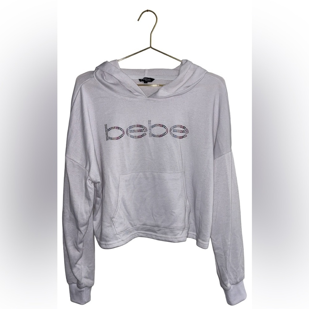 Bebe Sport Y2K White Hoodie with Embellished Logo Size Large P2P 28” NWT